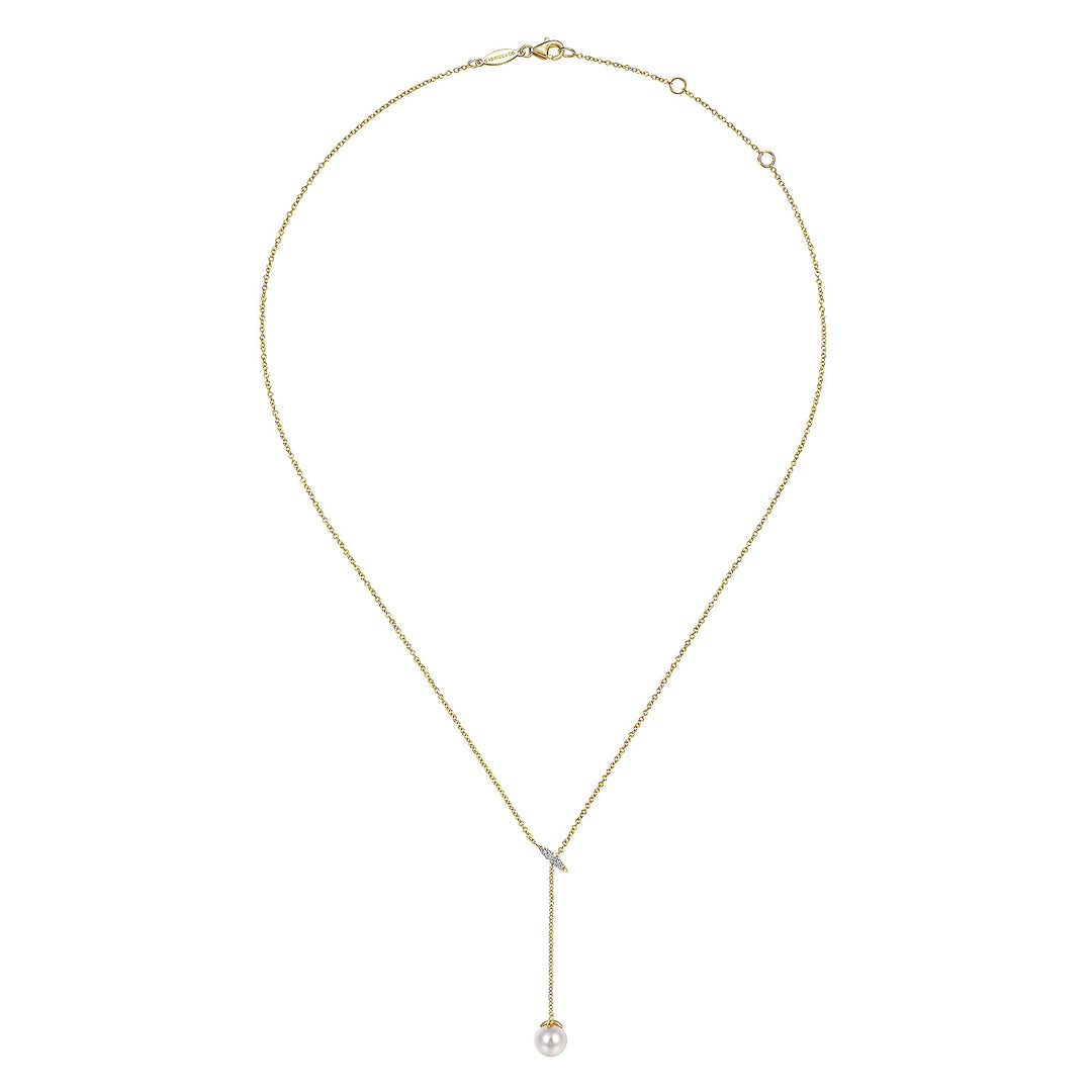 Gabriel & Co. NK5963Y45PL 14K Yellow Gold Diamond Bar Y Necklace with Cultured Pearl Drop