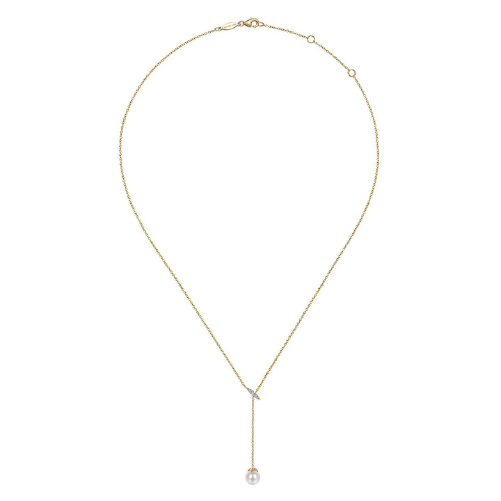 Gabriel & Co. NK5963Y45PL 14K Yellow Gold Diamond Bar Y Necklace with Cultured Pearl Drop
