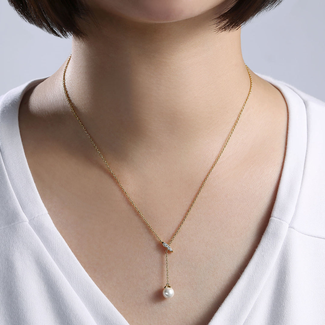 Gabriel & Co. NK5963Y45PL 14K Yellow Gold Diamond Bar Y Necklace with Cultured Pearl Drop