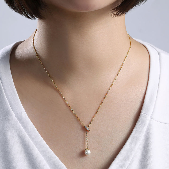 Gabriel & Co. NK5963Y45PL 14K Yellow Gold Diamond Bar Y Necklace with Cultured Pearl Drop
