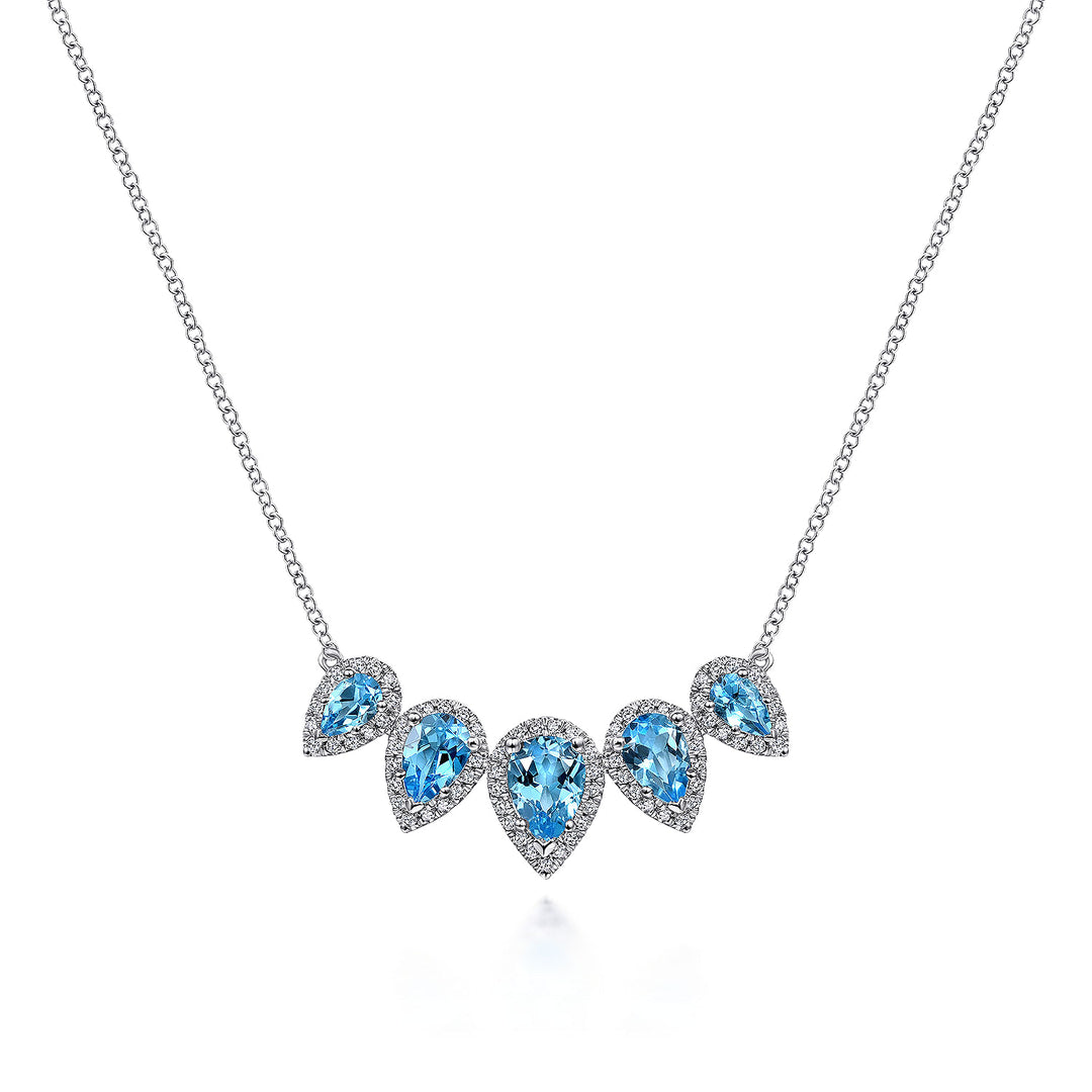 Gabriel & Co. NK6079W45BT Graduating 14K White Gold Pear Shaped Blue Topaz and Diamond Halo Necklace