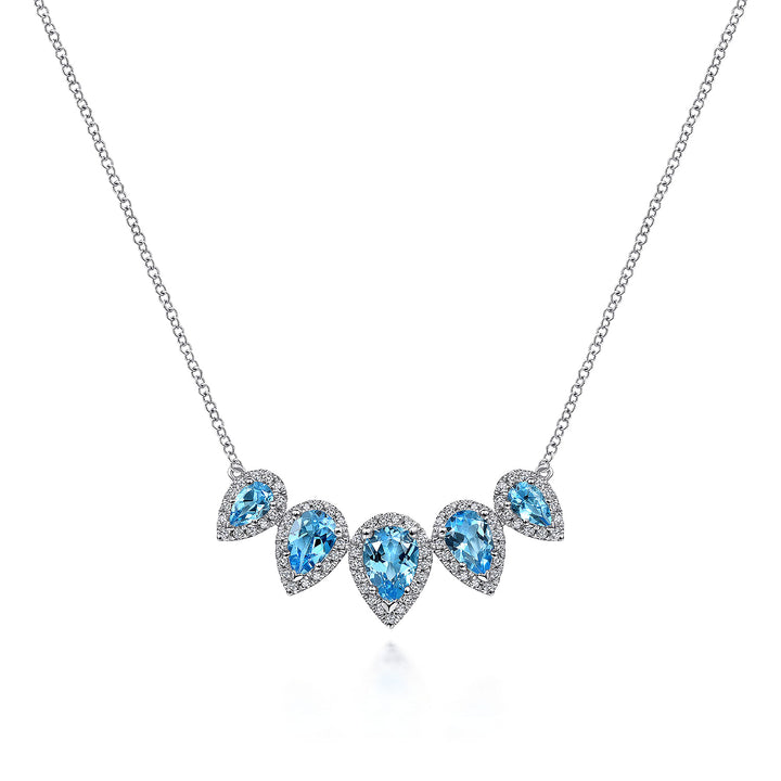 Gabriel & Co. NK6079W45BT Graduating 14K White Gold Pear Shaped Blue Topaz and Diamond Halo Necklace