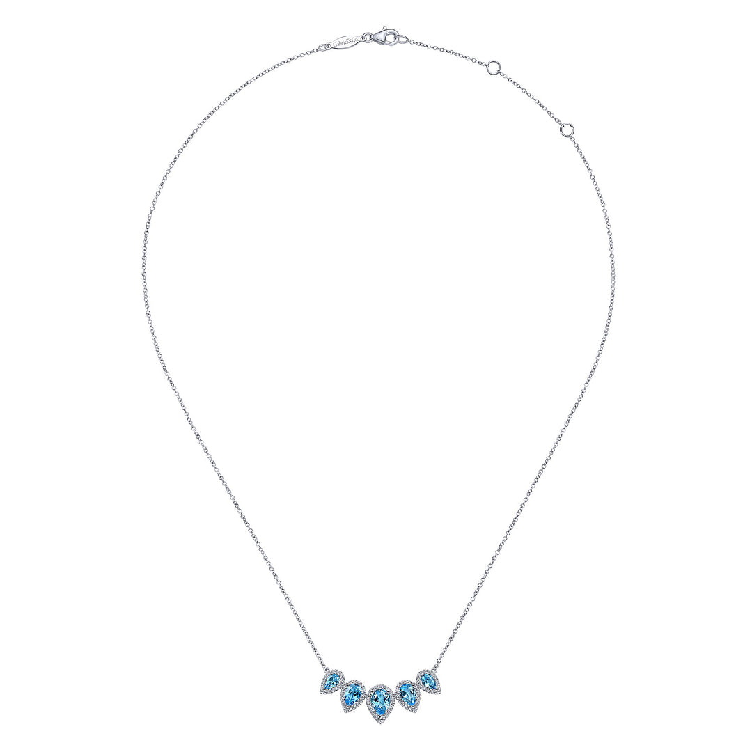 Gabriel & Co. NK6079W45BT Graduating 14K White Gold Pear Shaped Blue Topaz and Diamond Halo Necklace