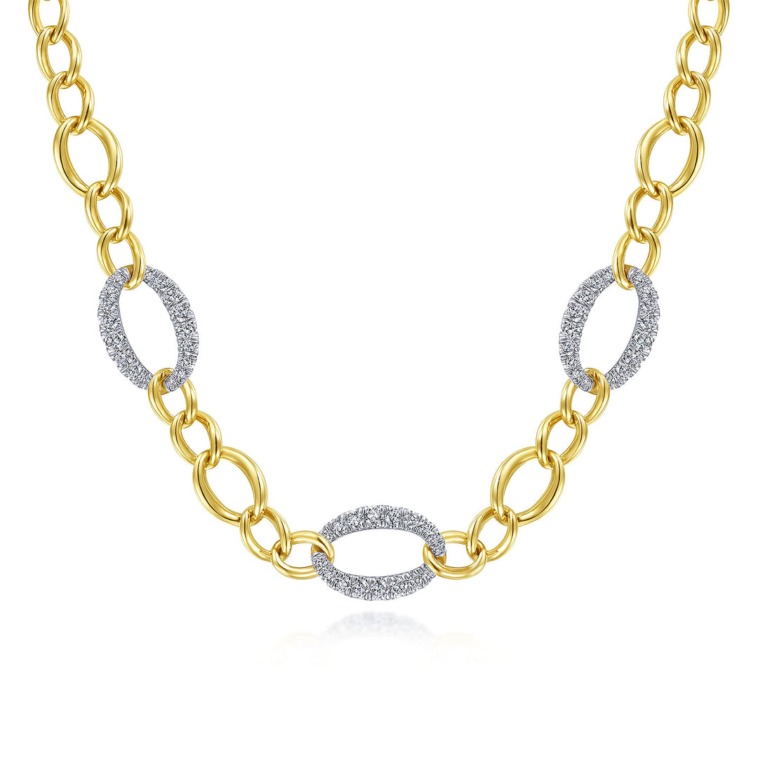 Gabriel & Co. NK6090M45JJ 14K Yellow White Gold Oval Chain Link Necklace with Diamond Pave