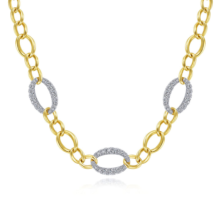 Gabriel & Co. NK6090M45JJ 14K Yellow White Gold Oval Chain Link Necklace with Diamond Pave