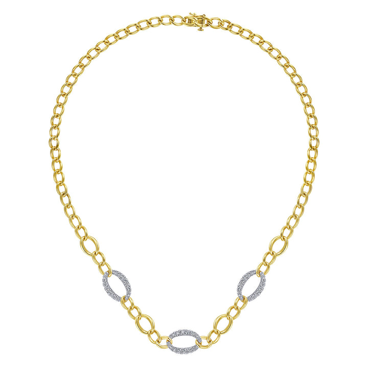 Gabriel & Co. NK6090M45JJ 14K Yellow White Gold Oval Chain Link Necklace with Diamond Pave