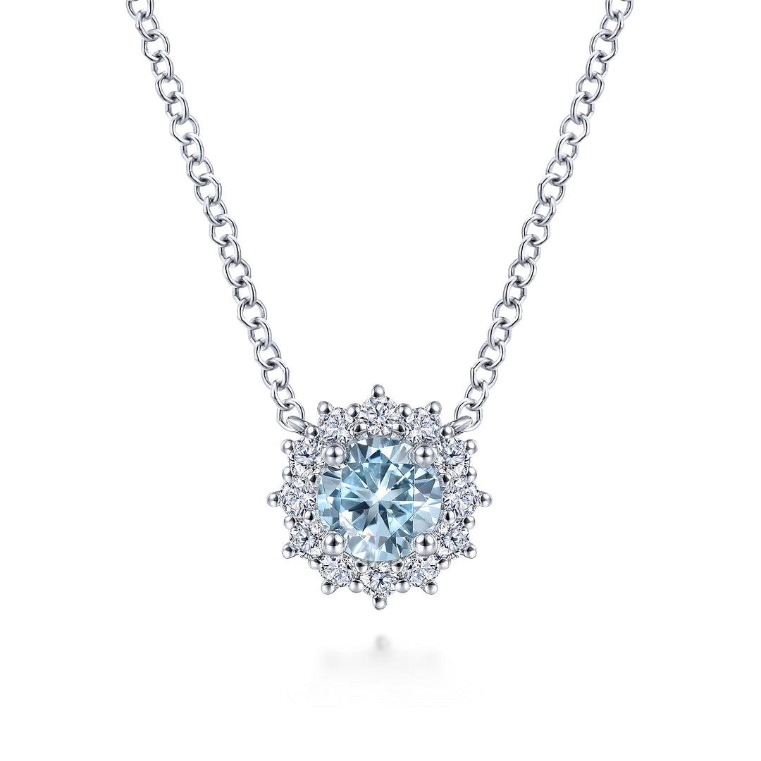 Gabriel & Co. NK6143W45AQ 18 inch 14K White Gold Round Aquamarine and Diamond Halo Pendant Necklace