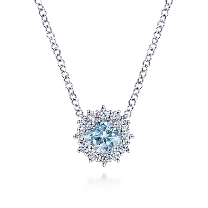 Gabriel & Co. NK6143W45AQ 18 inch 14K White Gold Round Aquamarine and Diamond Halo Pendant Necklace