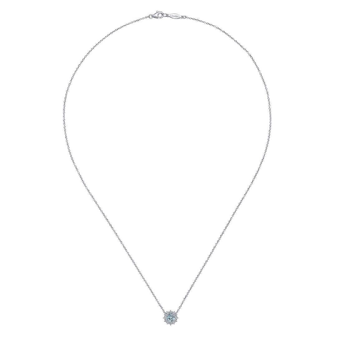 Gabriel & Co. NK6143W45AQ 18 inch 14K White Gold Round Aquamarine and Diamond Halo Pendant Necklace