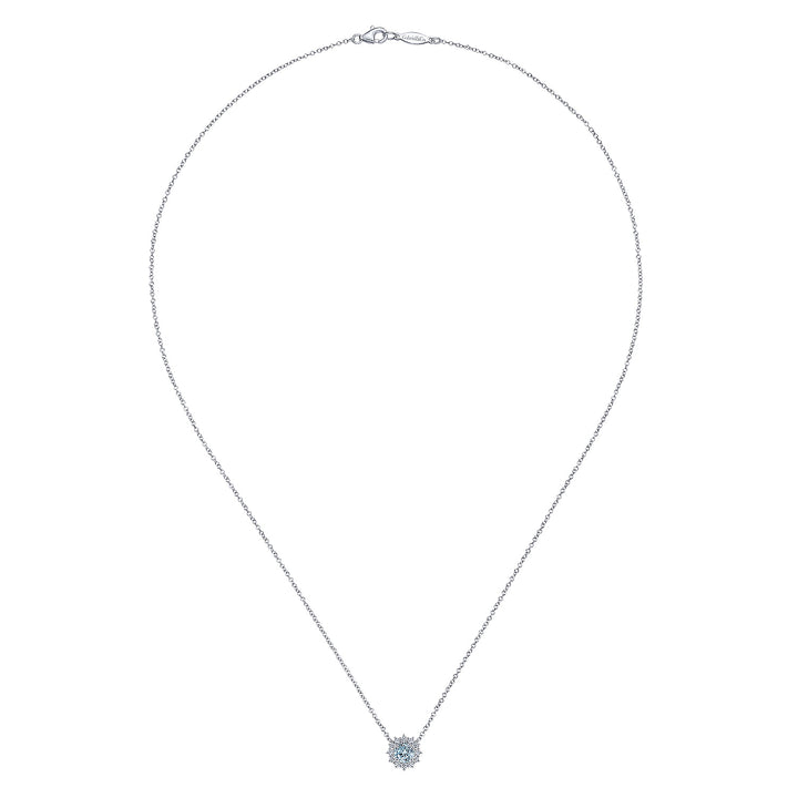 Gabriel & Co. NK6143W45AQ 18 inch 14K White Gold Round Aquamarine and Diamond Halo Pendant Necklace