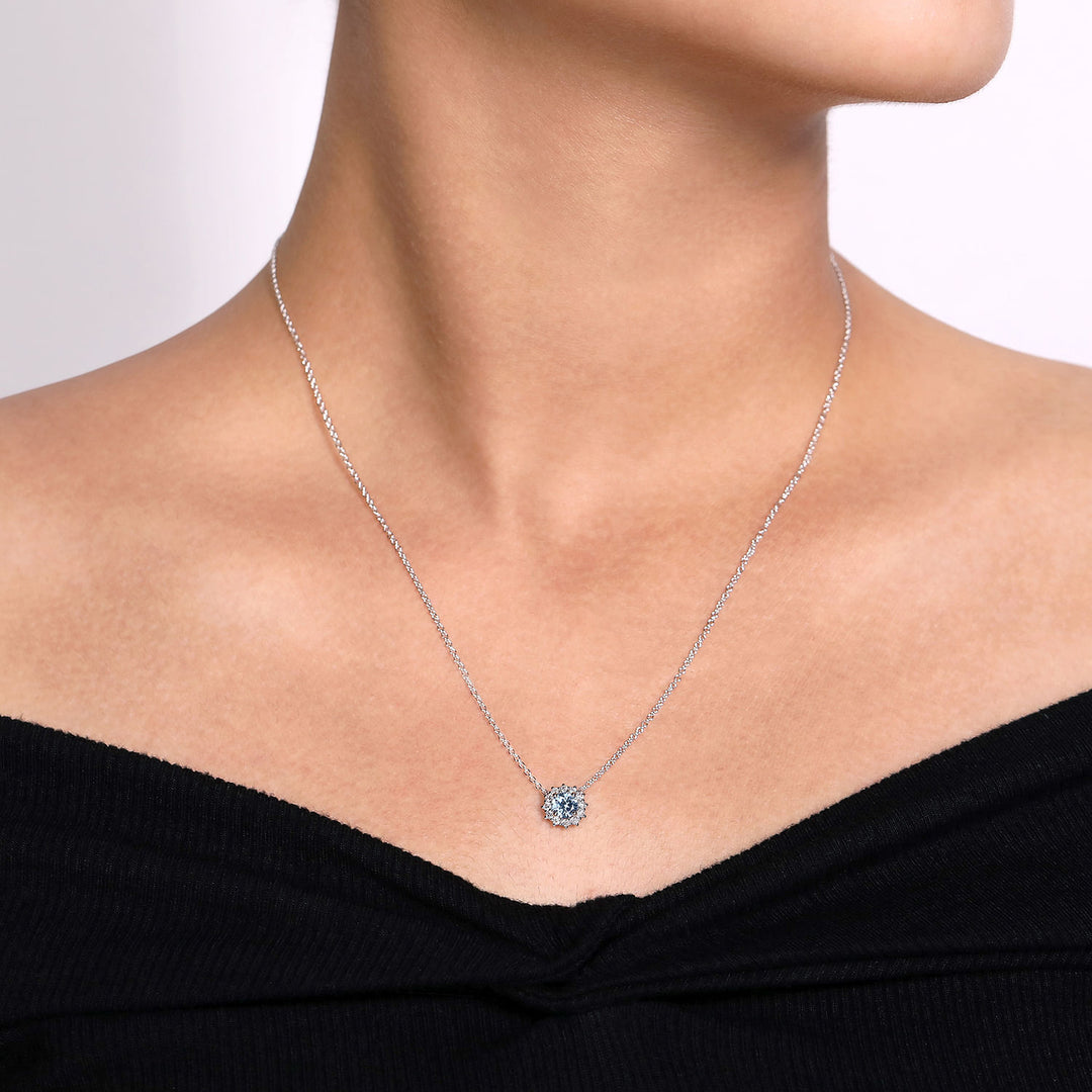 Gabriel & Co. NK6143W45AQ 18 inch 14K White Gold Round Aquamarine and Diamond Halo Pendant Necklace