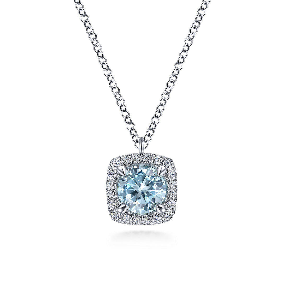 Gabriel & Co. NK6144W45AQ 14K White Gold Round Aquamarine and Cushion Diamond Halo Pendant Necklace