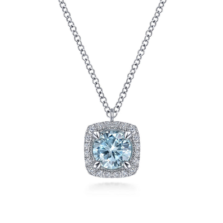 Gabriel & Co. NK6144W45AQ 14K White Gold Round Aquamarine and Cushion Diamond Halo Pendant Necklace