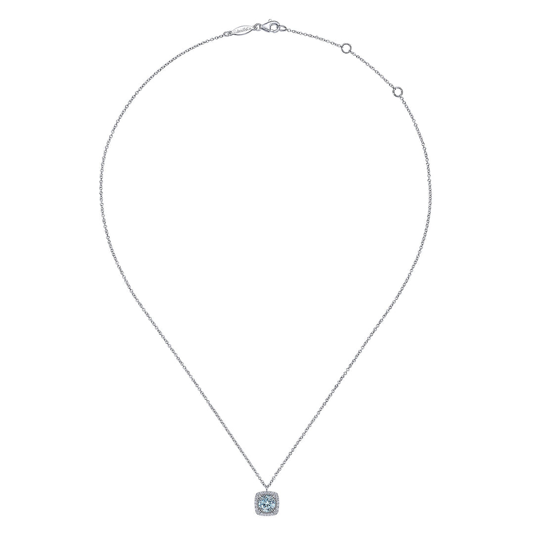Gabriel & Co. NK6144W45AQ 14K White Gold Round Aquamarine and Cushion Diamond Halo Pendant Necklace