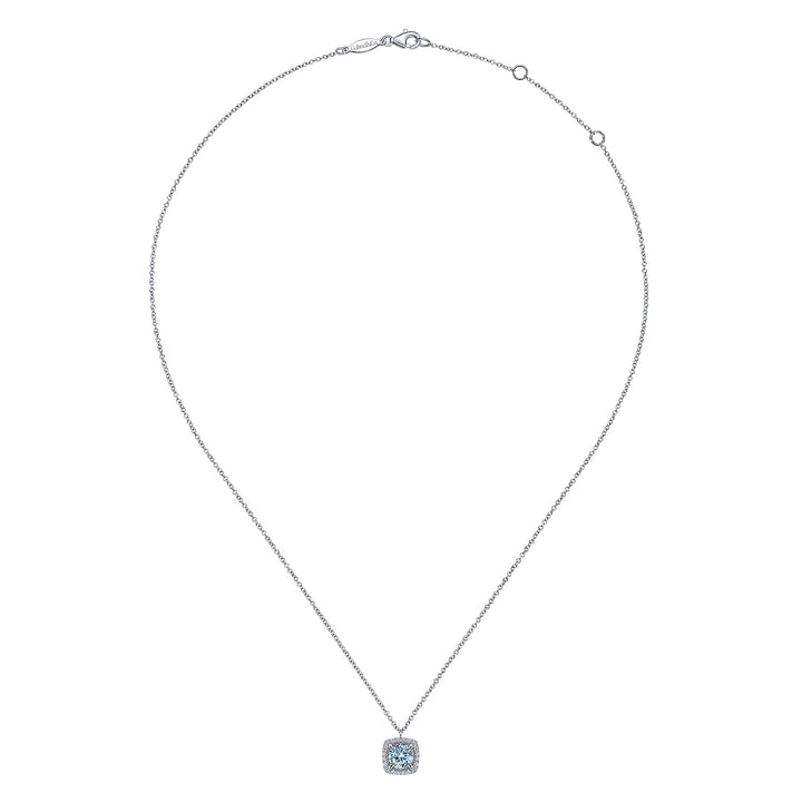 Gabriel & Co. NK6144W45AQ 14K White Gold Round Aquamarine and Cushion Diamond Halo Pendant Necklace