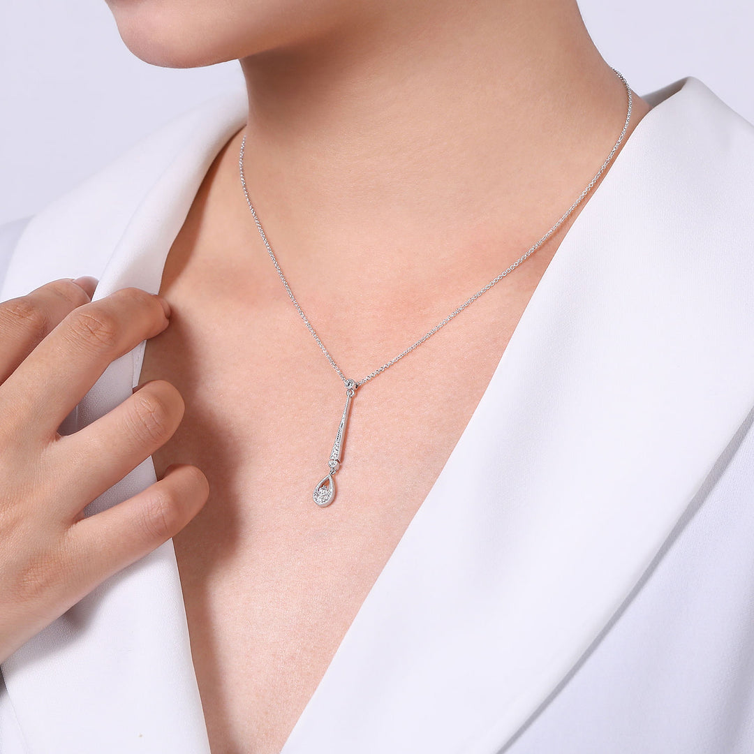 Gabriel & Co. NK6199W45JJ 14K White Gold Diamond Bar and Teardrop Necklace