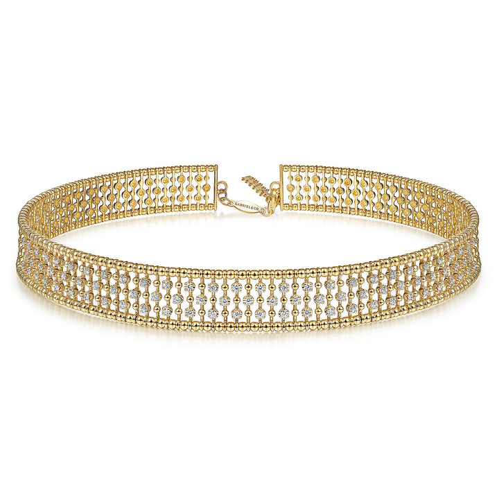 Gabriel & Co. NK6209Y45JJ 14K Yellow Gold Wide Diamond Station Choker Necklace with Bujukan Beads