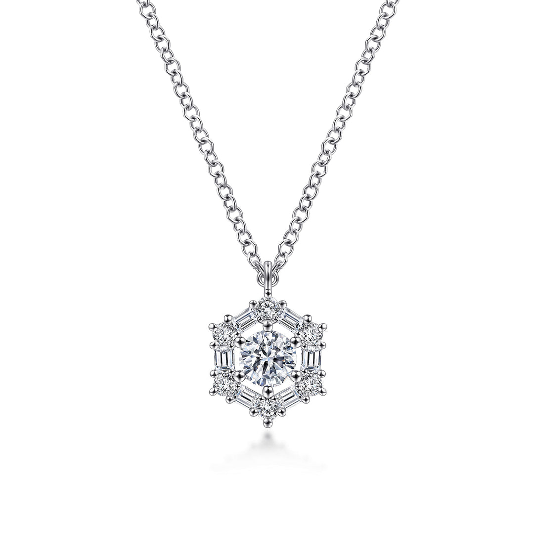 Gabriel & Co. NK6213W44JJ 14K White Gold Round Diamond Pendant Necklace with Baguette and Round Hexagonal Halo