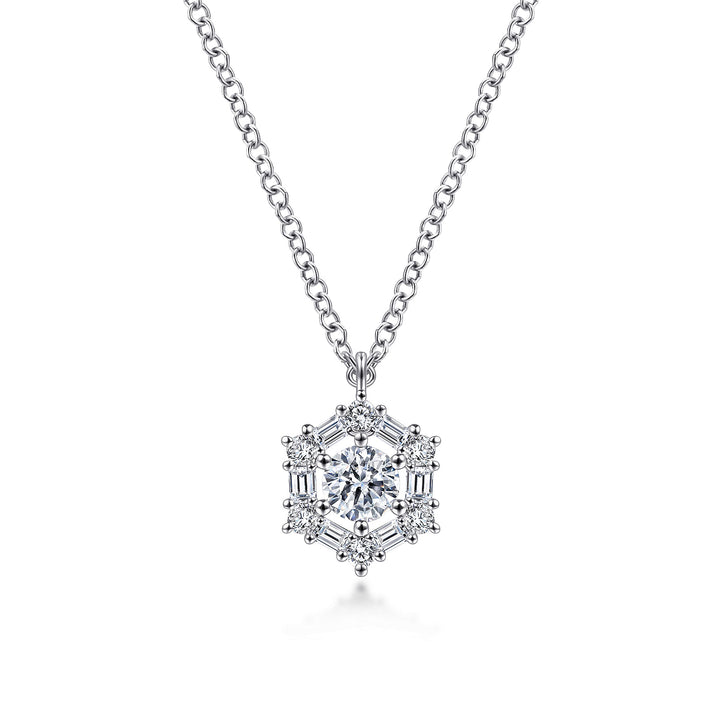 Gabriel & Co. NK6213W44JJ 14K White Gold Round Diamond Pendant Necklace with Baguette and Round Hexagonal Halo