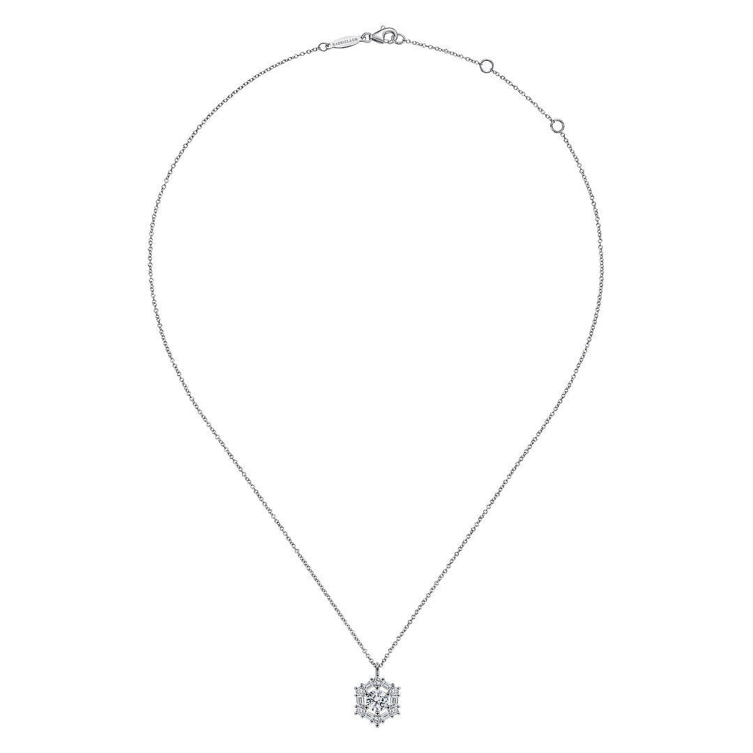 Gabriel & Co. NK6213W44JJ 14K White Gold Round Diamond Pendant Necklace with Baguette and Round Hexagonal Halo