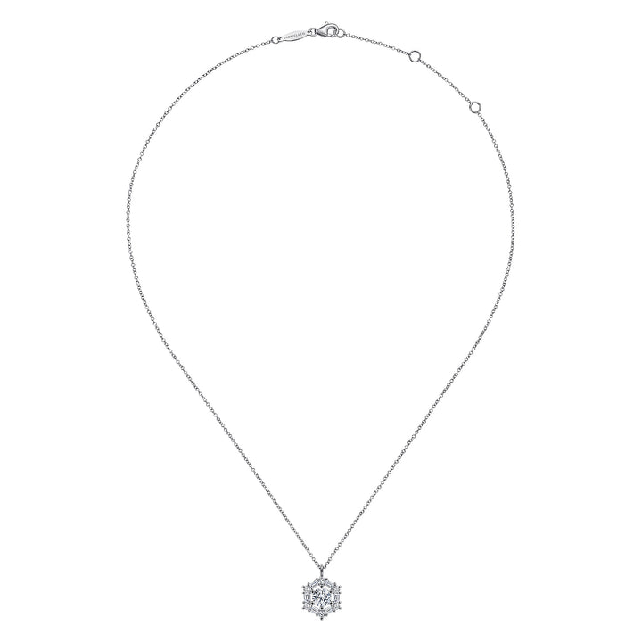 Gabriel & Co. NK6213W44JJ 14K White Gold Round Diamond Pendant Necklace with Baguette and Round Hexagonal Halo