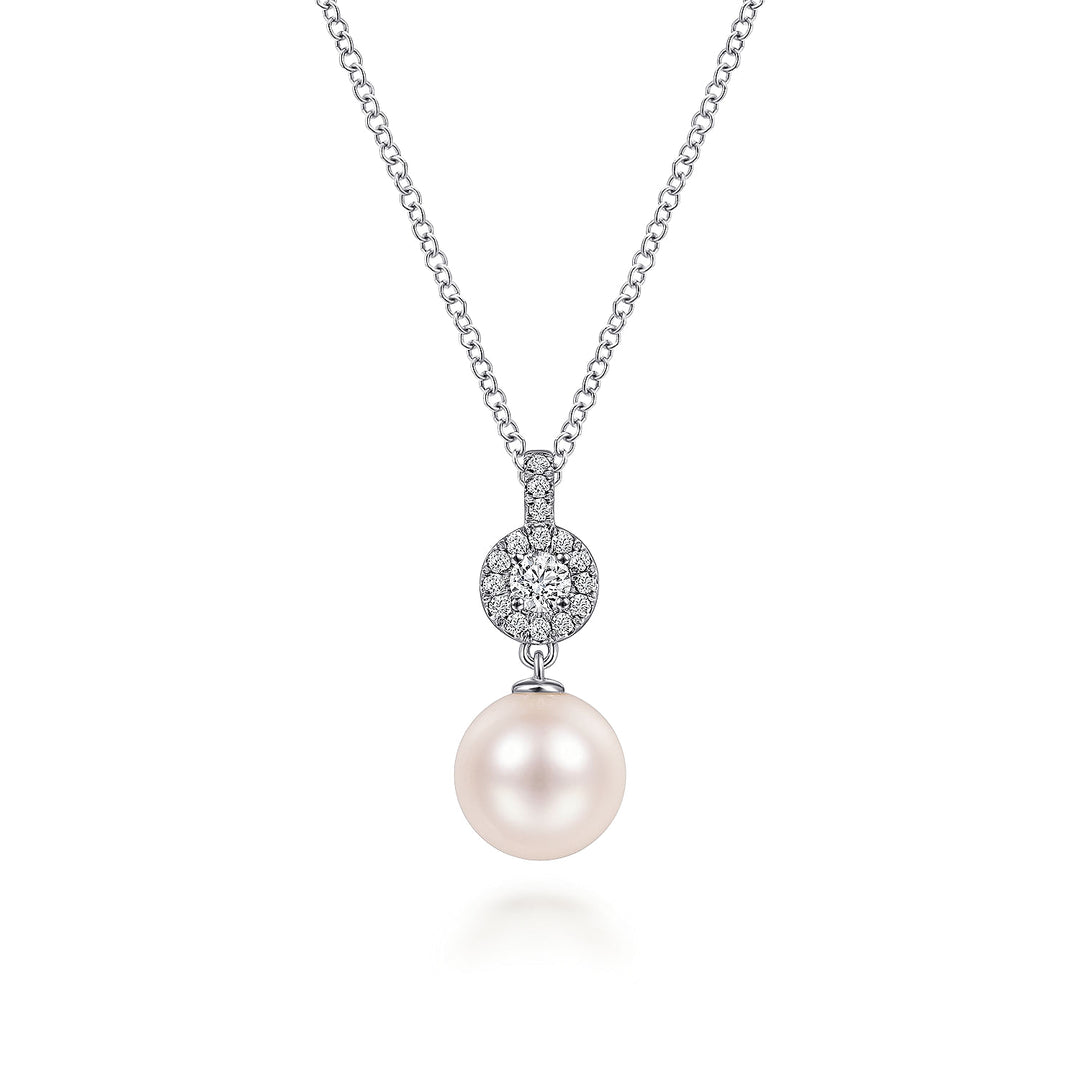 Gabriel & Co. NK6335W45PL 14K White Gold Diamond Pave Halo and Pearl Drop Pendant Necklace