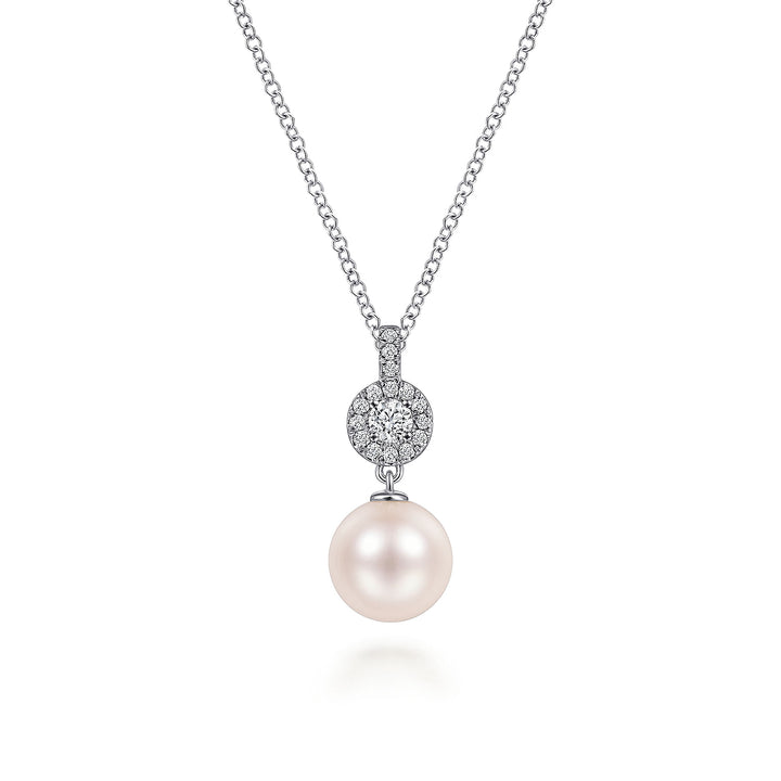 Gabriel & Co. NK6335W45PL 14K White Gold Diamond Pave Halo and Pearl Drop Pendant Necklace