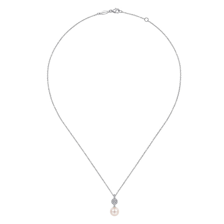 Gabriel & Co. NK6335W45PL 14K White Gold Diamond Pave Halo and Pearl Drop Pendant Necklace
