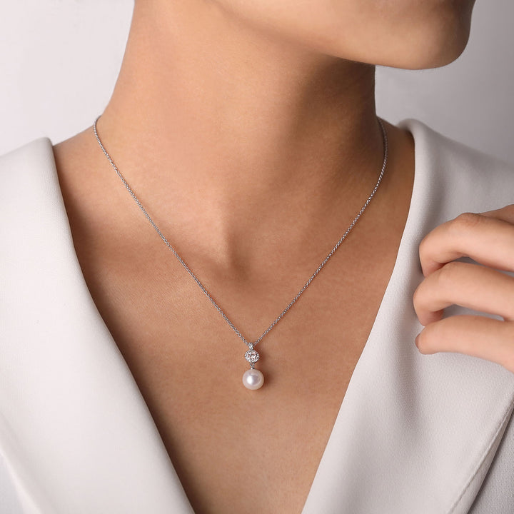 Gabriel & Co. NK6335W45PL 14K White Gold Diamond Pave Halo and Pearl Drop Pendant Necklace