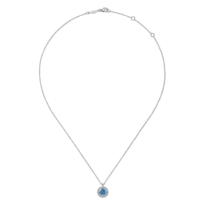 Gabriel & Co. NK6341W45BT 18 inch 14K White Gold Round Blue Topaz and Diamond Halo Pendant Necklace
