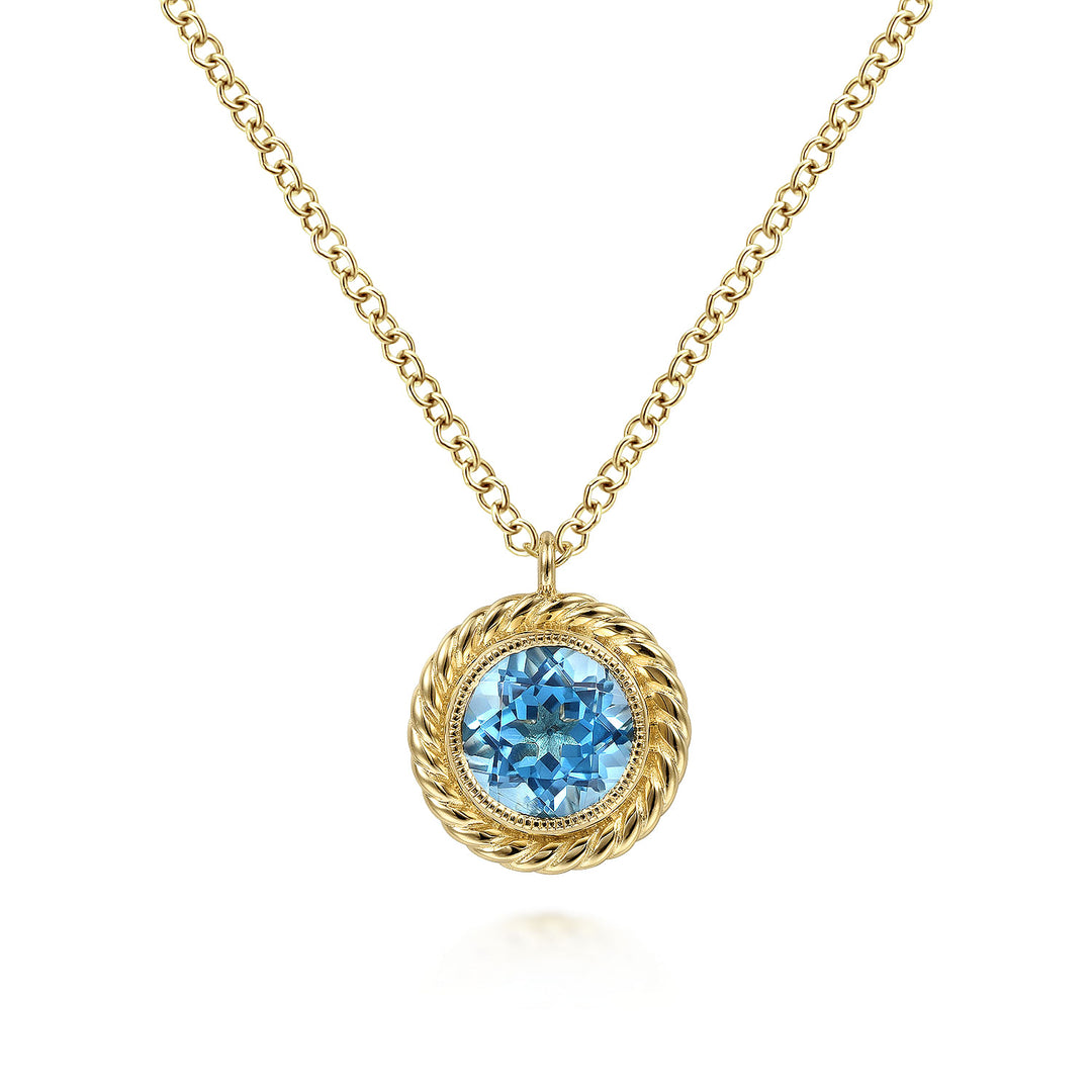 Gabriel & Co. NK6345Y4JBT 14K Yellow Gold Round Blue Topaz and Twisted Rope Pendant Necklace