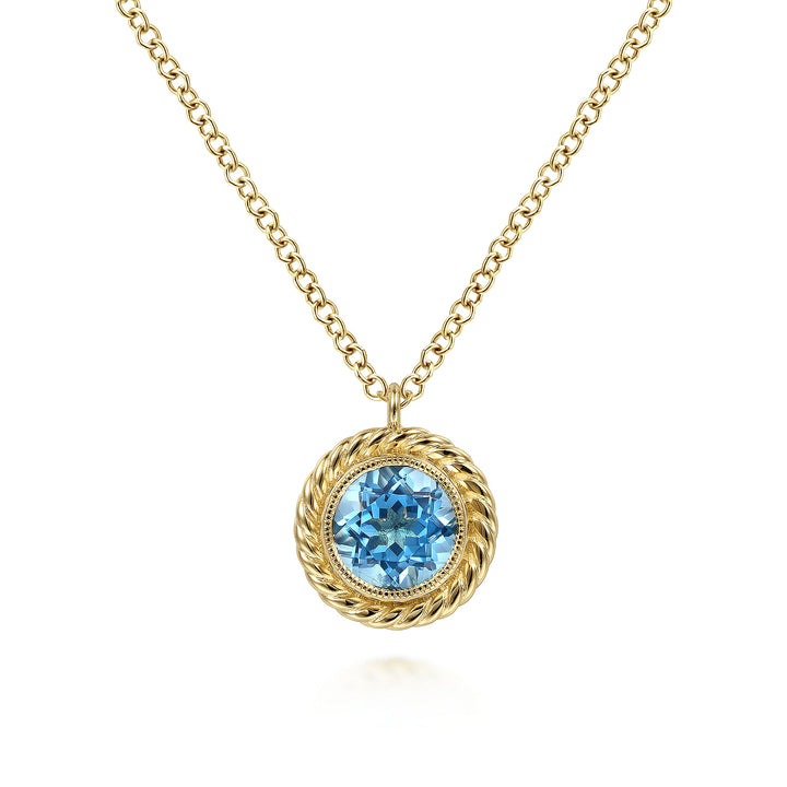 Gabriel & Co. NK6345Y4JBT 14K Yellow Gold Round Blue Topaz and Twisted Rope Pendant Necklace