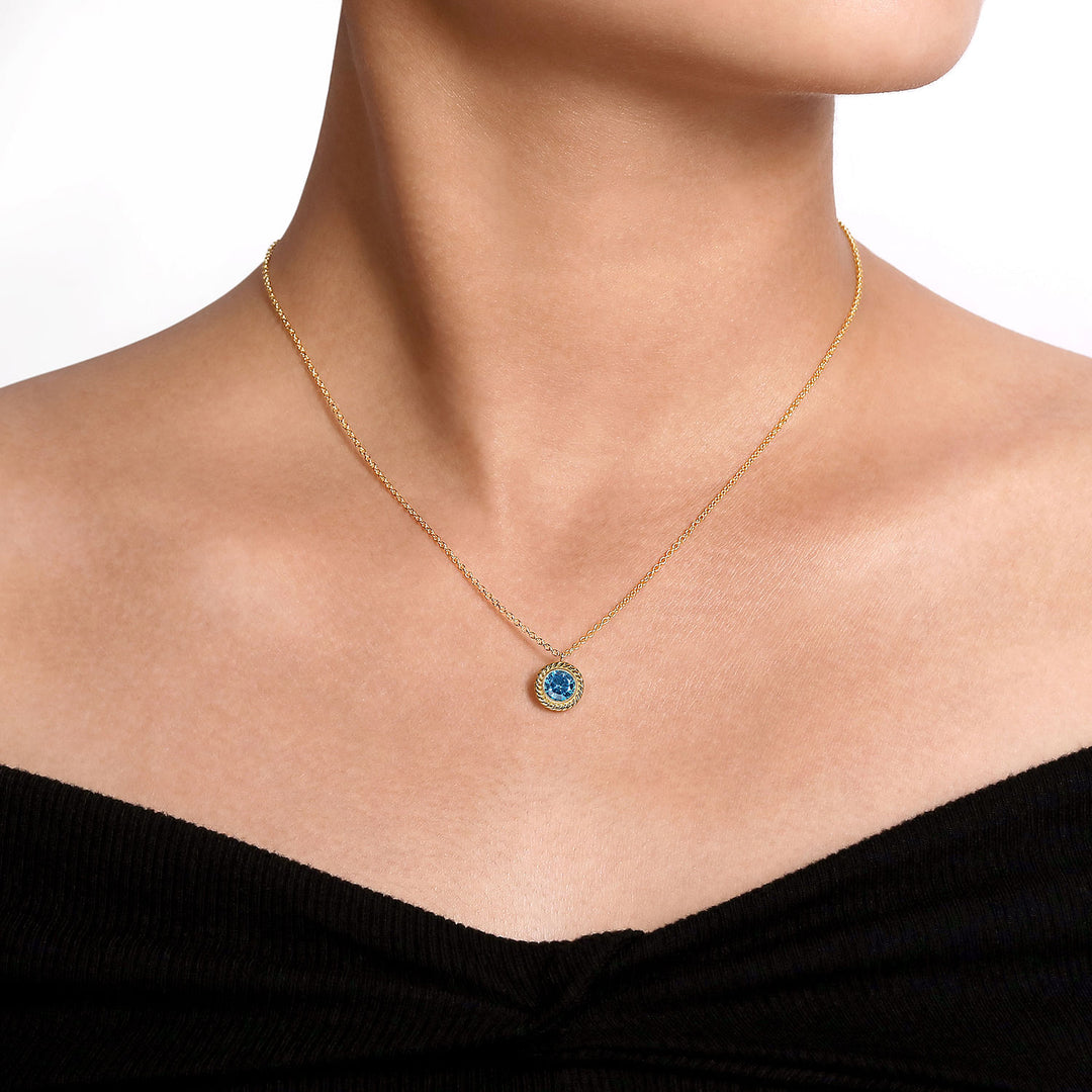 Gabriel & Co. NK6345Y4JBT 14K Yellow Gold Round Blue Topaz and Twisted Rope Pendant Necklace