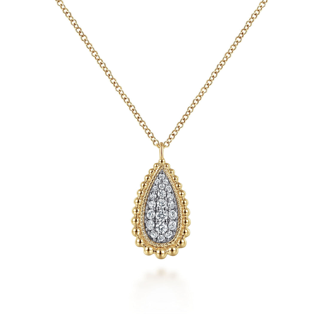 Gabriel & Co. NK6357Y45JJ 14K Yellow Gold Teardrop Diamond Pave Pendant Necklace with Beaded Frame
