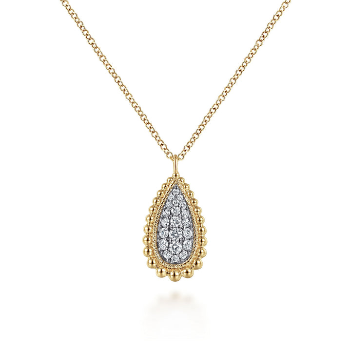 Gabriel & Co. NK6357Y45JJ 14K Yellow Gold Teardrop Diamond Pave Pendant Necklace with Beaded Frame