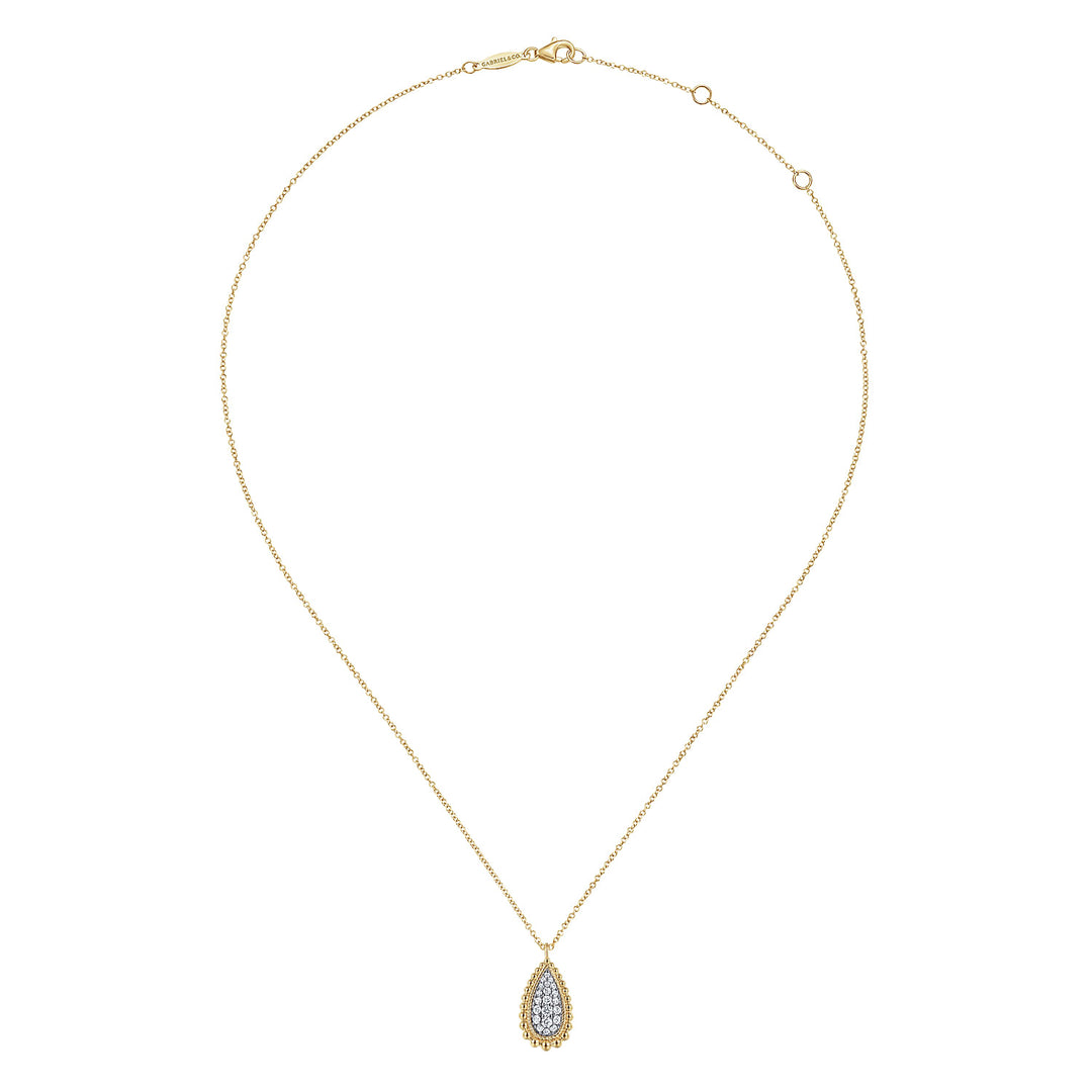 Gabriel & Co. NK6357Y45JJ 14K Yellow Gold Teardrop Diamond Pave Pendant Necklace with Beaded Frame