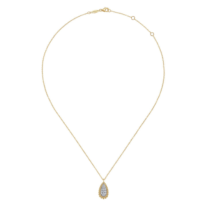 Gabriel & Co. NK6357Y45JJ 14K Yellow Gold Teardrop Diamond Pave Pendant Necklace with Beaded Frame