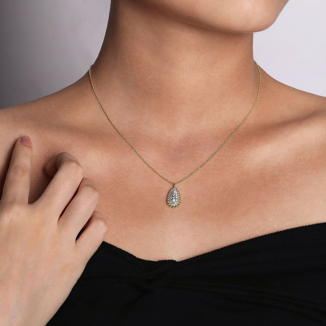 Gabriel & Co. NK6357Y45JJ 14K Yellow Gold Teardrop Diamond Pave Pendant Necklace with Beaded Frame
