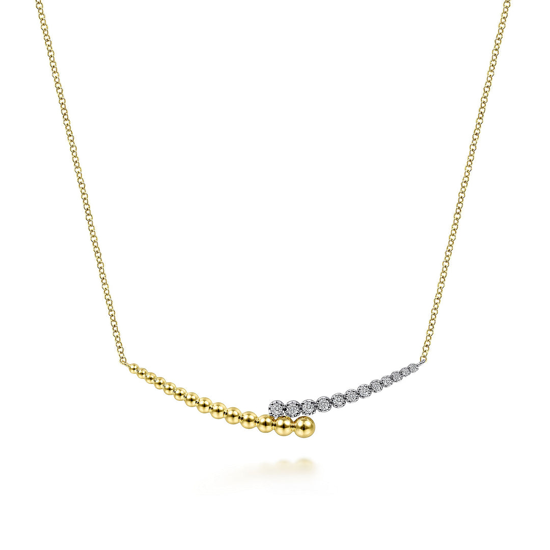 Gabriel & Co. NK6362M45JJ 14K Yellow White Gold Diamond By Pass and Bujukan Bead Curved Bar Necklace with Butter Cup Setting in size 17.5 inch