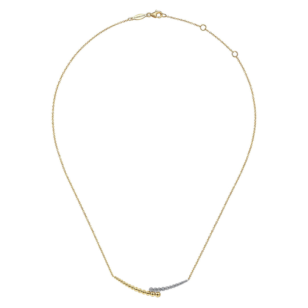 Gabriel & Co. NK6362M45JJ 14K Yellow White Gold Diamond By Pass and Bujukan Bead Curved Bar Necklace with Butter Cup Setting in size 17.5 inch