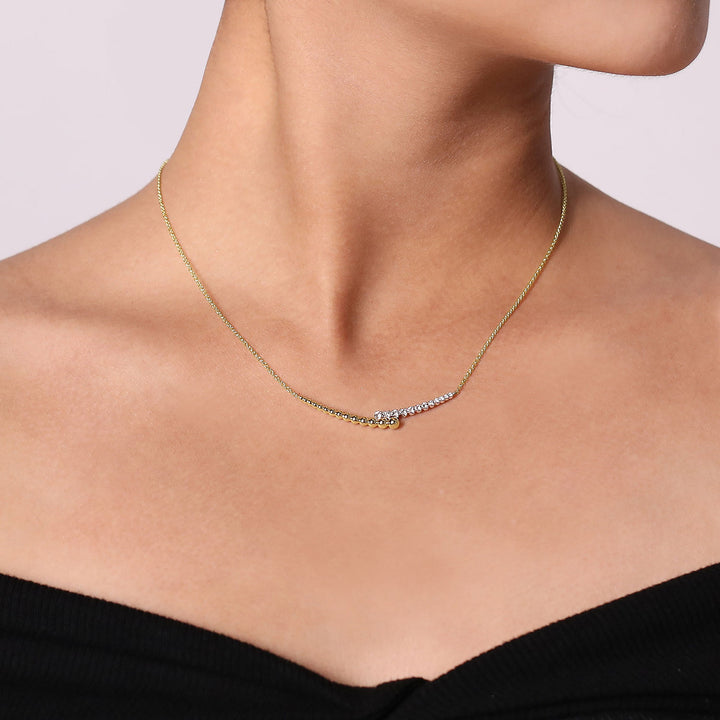 Gabriel & Co. NK6362M45JJ 14K Yellow White Gold Diamond By Pass and Bujukan Bead Curved Bar Necklace with Butter Cup Setting in size 17.5 inch
