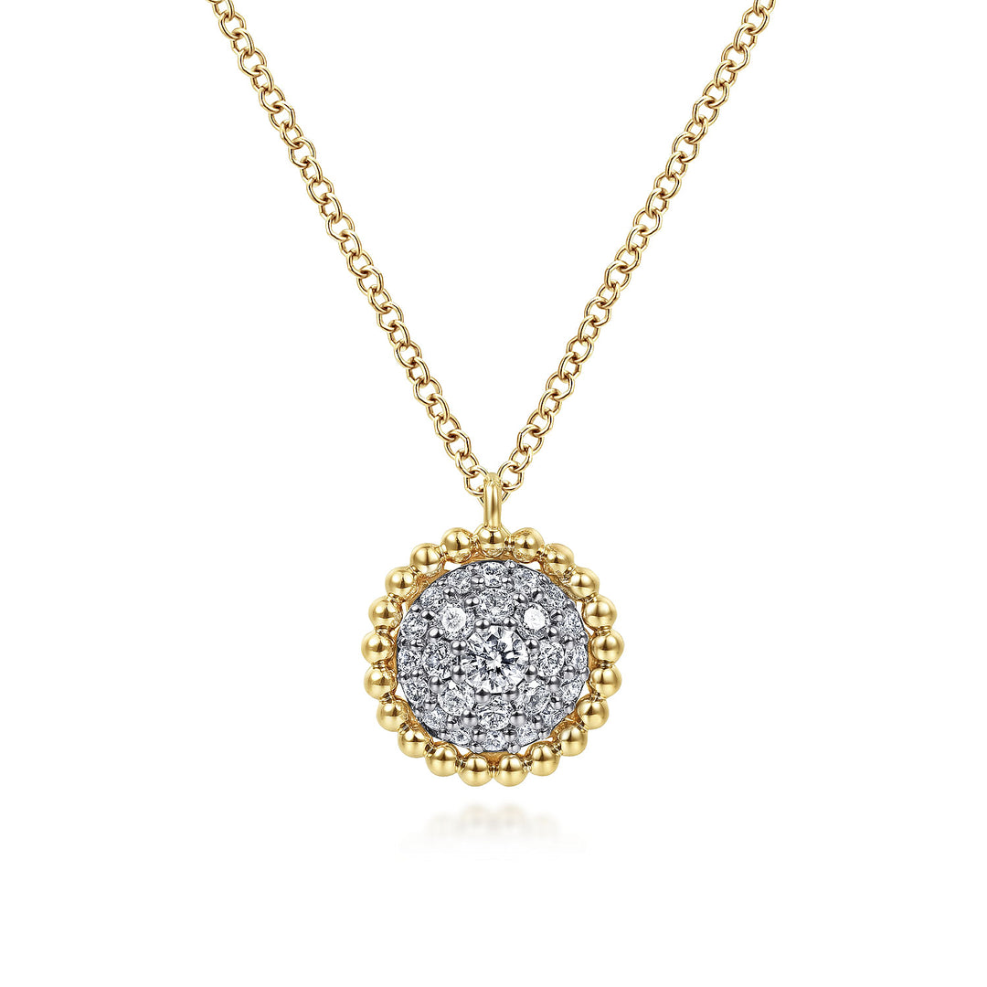 Gabriel & Co. NK6366Y45JJ 14K Yellow Gold Round Diamond Pave Pendant Necklace with Bujukan Bead Frame