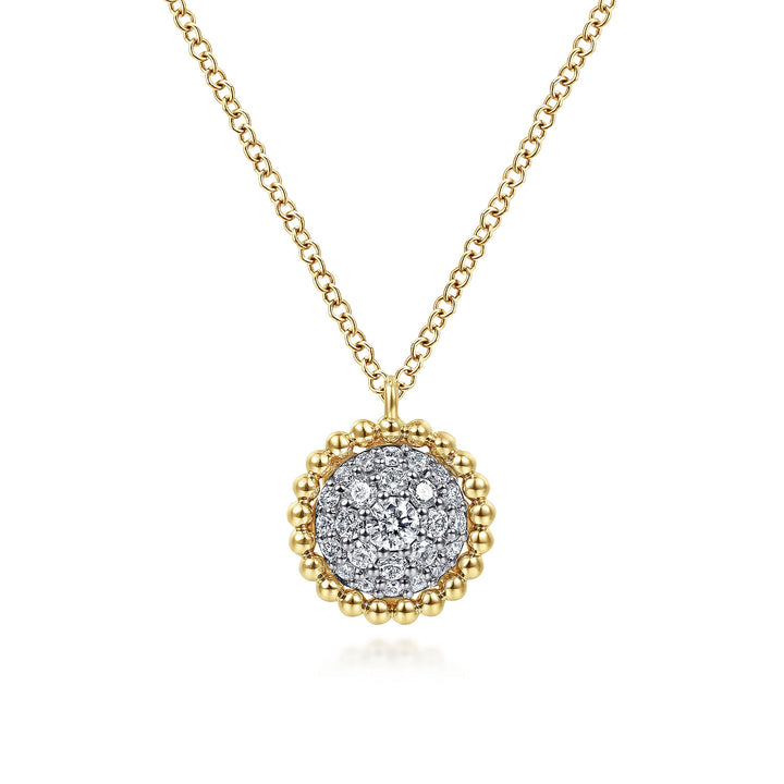 Gabriel & Co. NK6366Y45JJ 14K Yellow Gold Round Diamond Pave Pendant Necklace with Bujukan Bead Frame