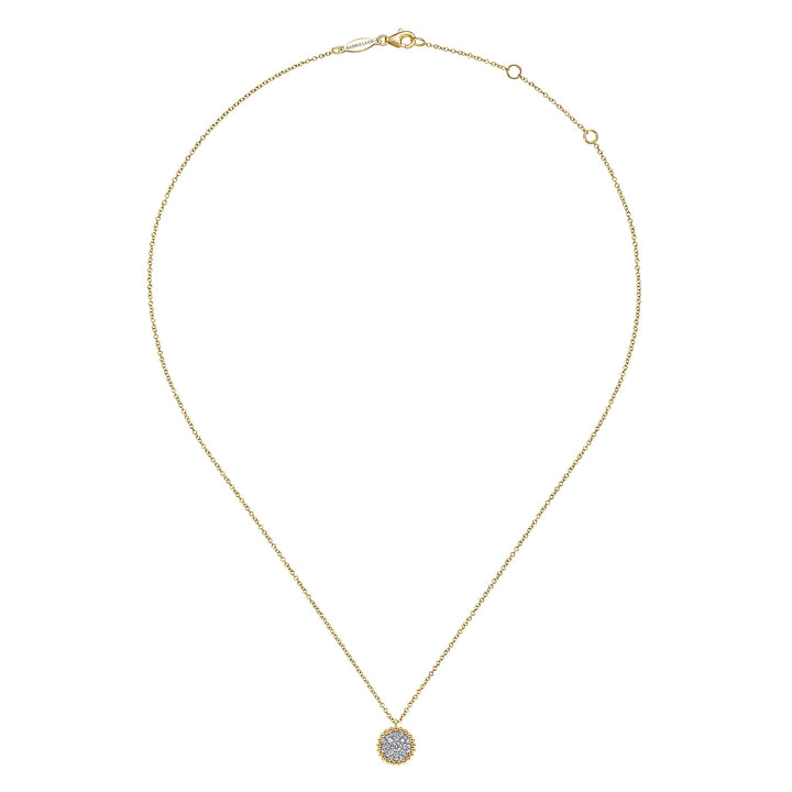 Gabriel & Co. NK6366Y45JJ 14K Yellow Gold Round Diamond Pave Pendant Necklace with Bujukan Bead Frame