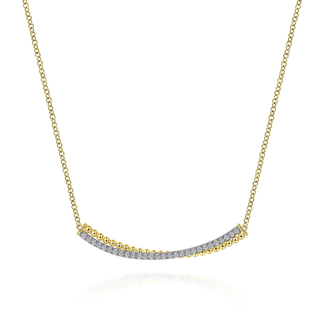 Gabriel & Co. NK6367M45JJ 14K Yellow White Gold Bujukan Bead and Diamond Pave Curved Bar Necklace