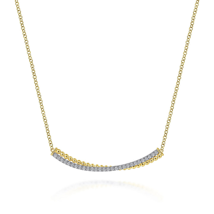 Gabriel & Co. NK6367M45JJ 14K Yellow White Gold Bujukan Bead and Diamond Pave Curved Bar Necklace