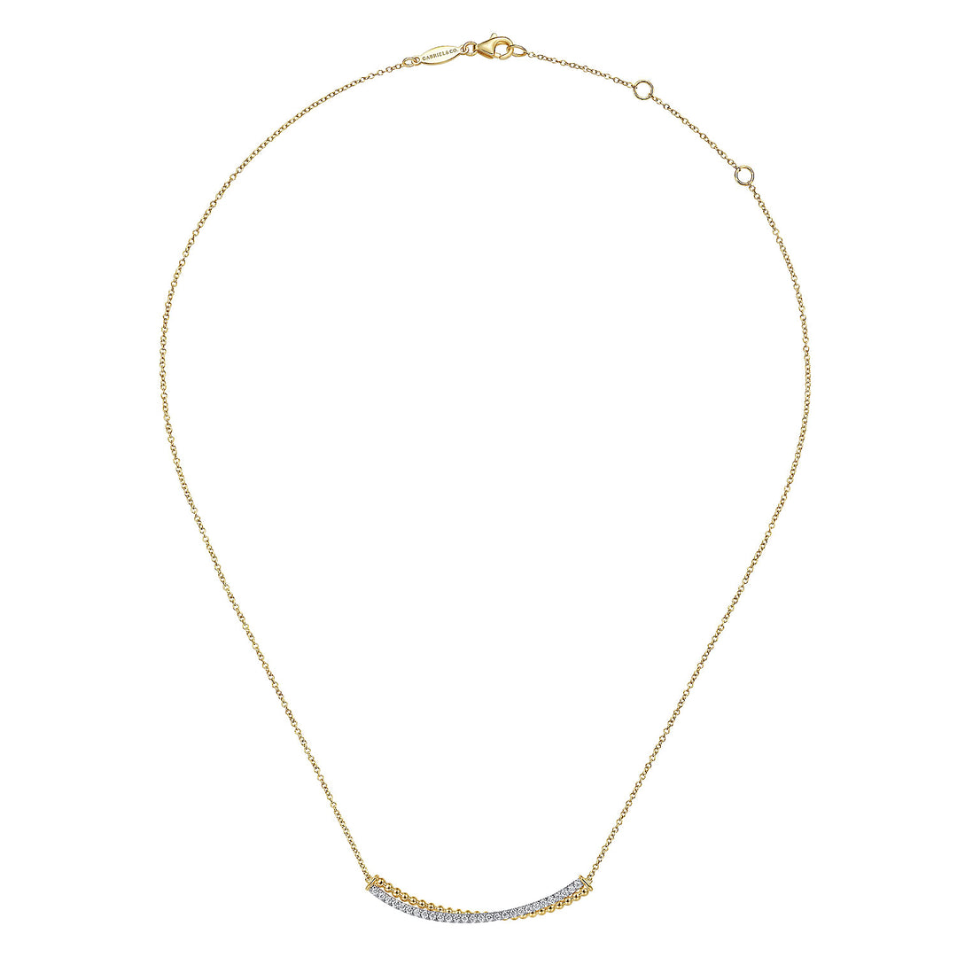 Gabriel & Co. NK6367M45JJ 14K Yellow White Gold Bujukan Bead and Diamond Pave Curved Bar Necklace