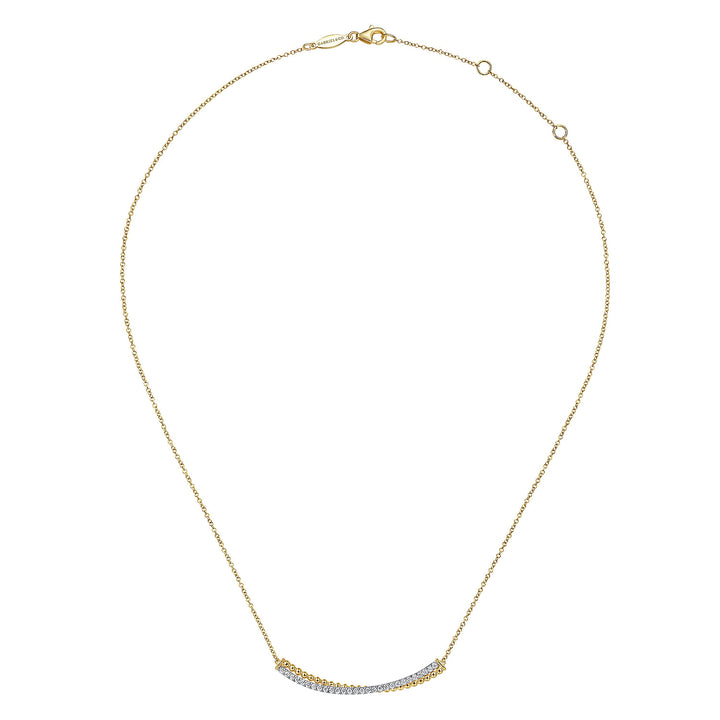 Gabriel & Co. NK6367M45JJ 14K Yellow White Gold Bujukan Bead and Diamond Pave Curved Bar Necklace