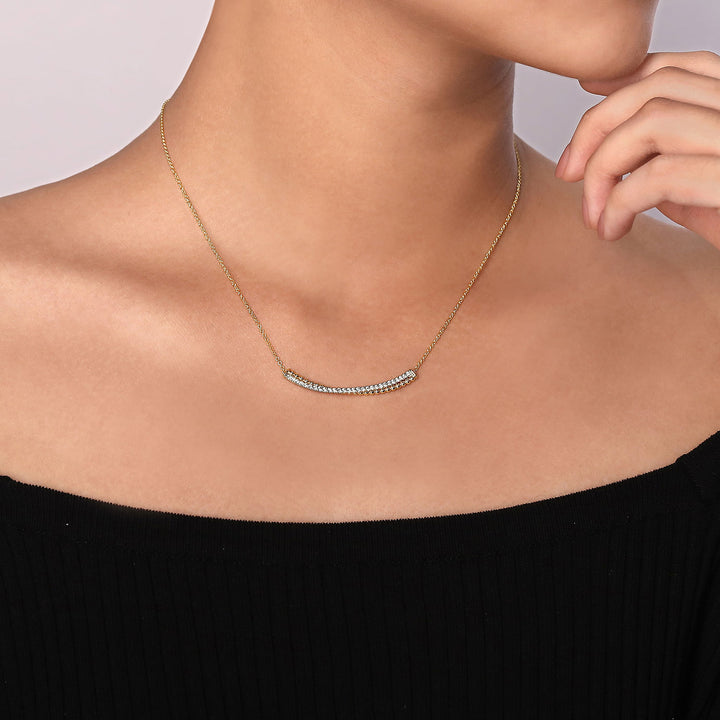 Gabriel & Co. NK6367M45JJ 14K Yellow White Gold Bujukan Bead and Diamond Pave Curved Bar Necklace