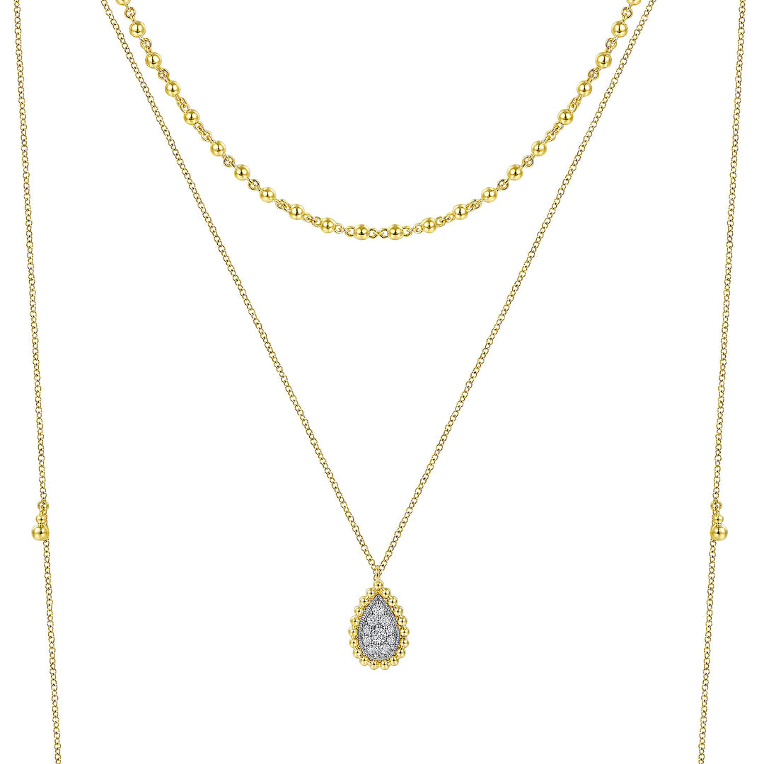 Gabriel & Co. NK6369M45JJ 14K Yellow Gold 3 Strand Teardrop Diamond Pave Necklace with Drops